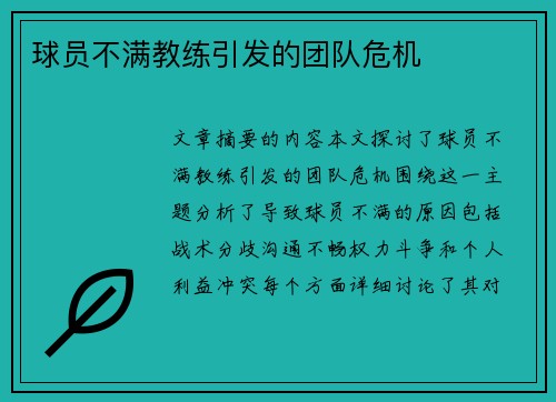 球员不满教练引发的团队危机